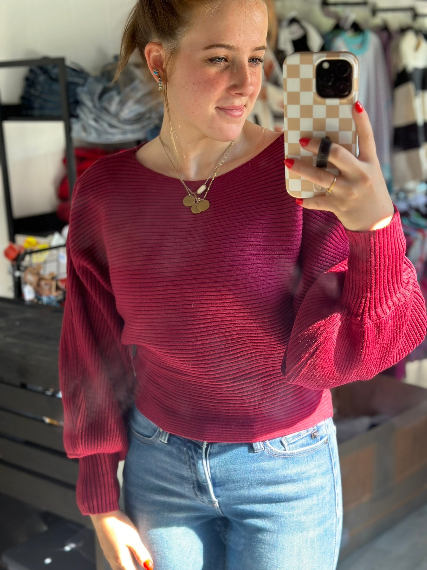 Boat neck balloon sleeve sweater *3 COLORS