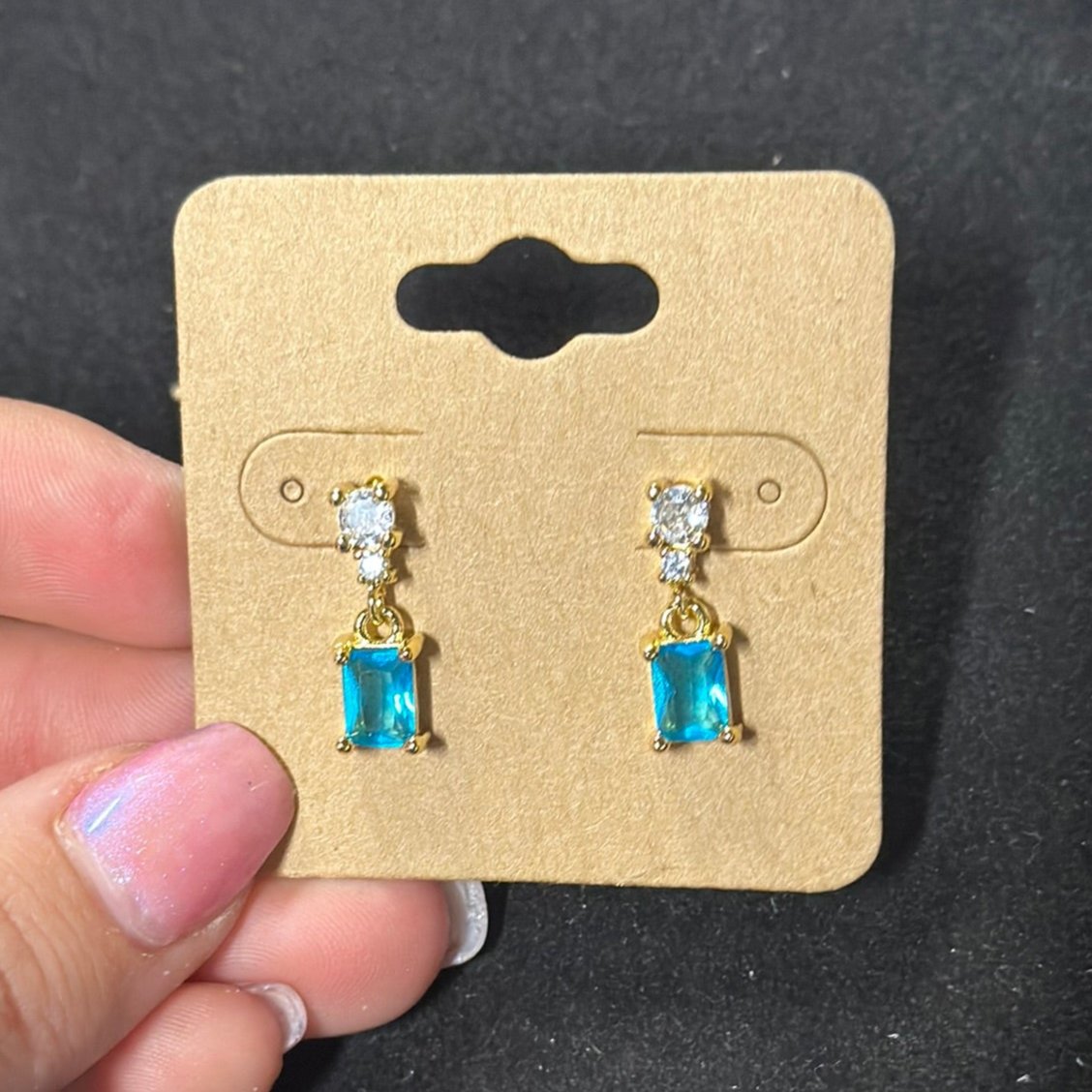 Gold Filled Aqua Blue Baguette Cubic Zirconia Dangle Drop Stud Earrings | Y119