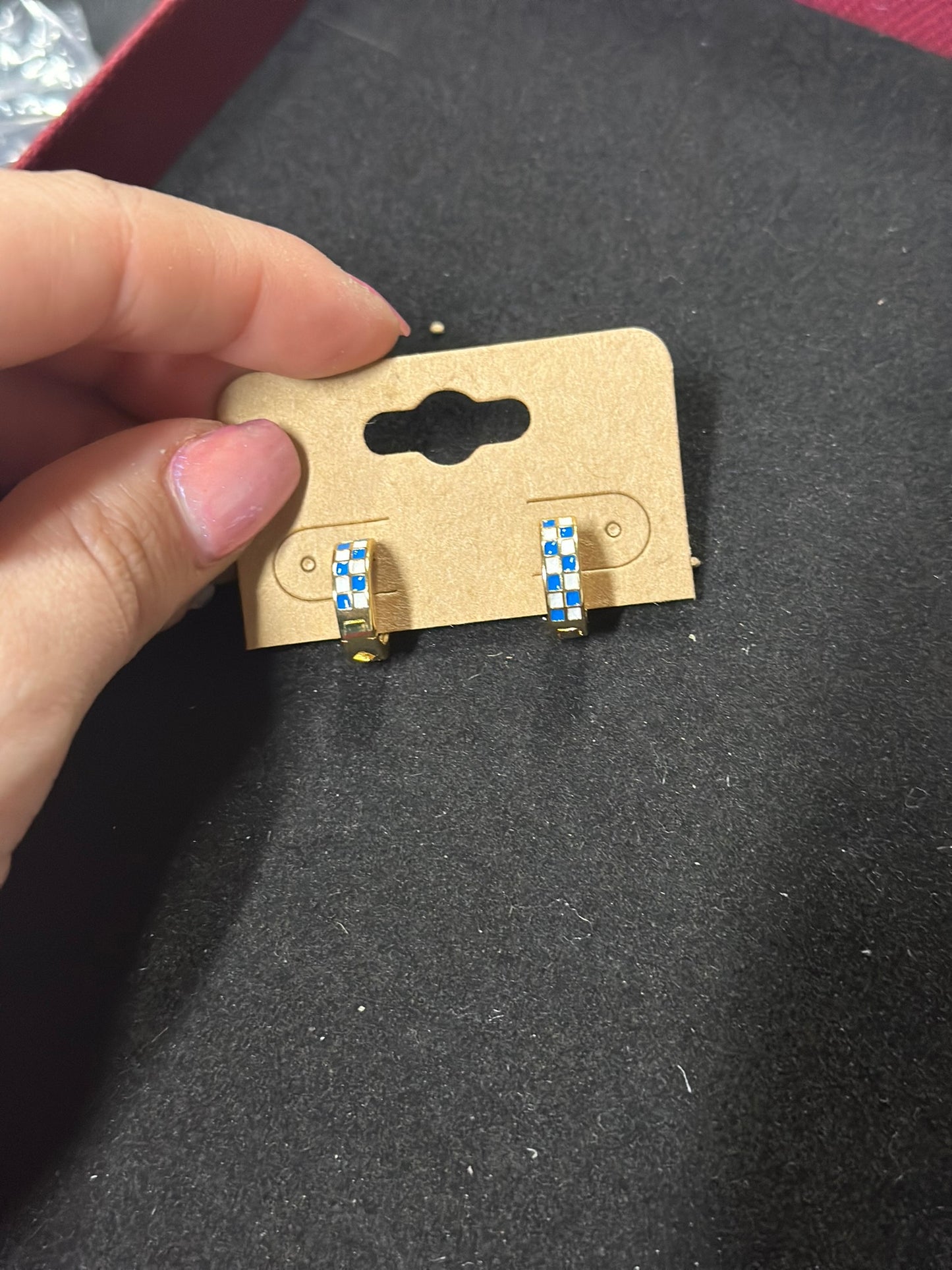 Gold Filled Enamel Checker Hoops Earring Retro Gold Hugg 24K