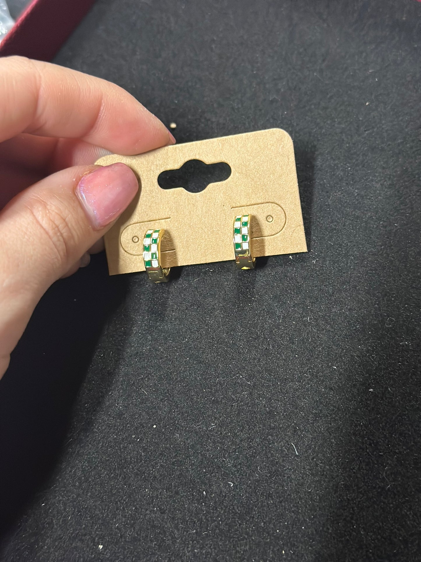 Gold Filled Enamel Checker Hoops Earring Retro Gold Hugg 24K