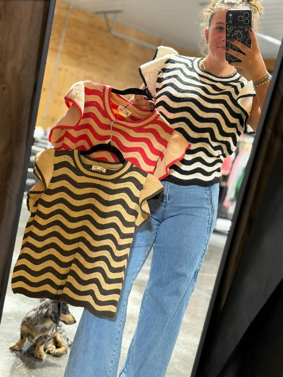 WAVY STRIPES FLUTTER SLEEVE SWEATER TOP