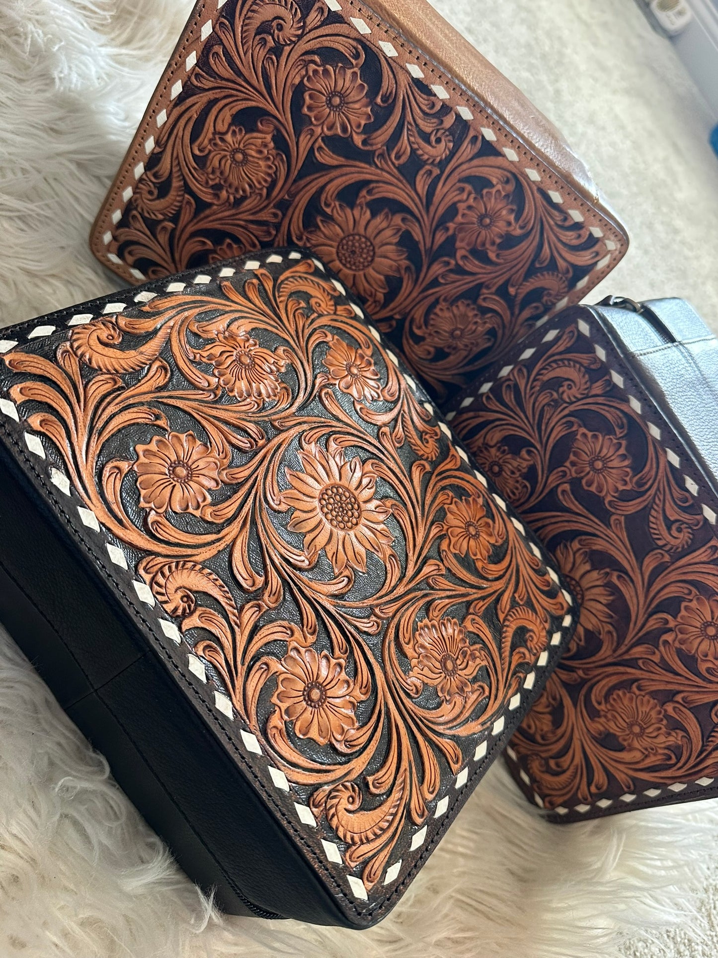 tooled leather genuine cowhide large jewelry box