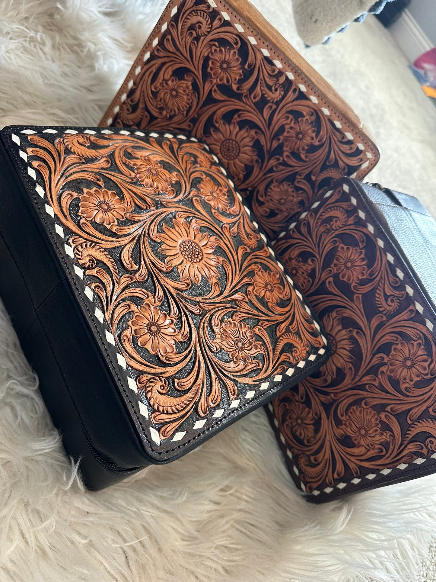 tooled leather genuine cowhide large jewelry box