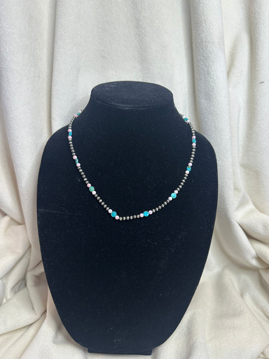 4mm sterling silver + 4mm pink conch + 6mm kingman beaded necklace