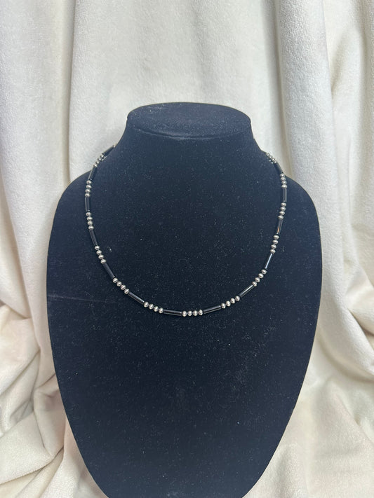 4mm sterling silver bead + black onyx tube necklace
