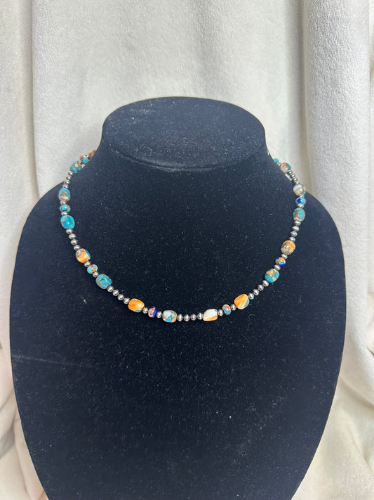 4mm sterling silver + turquoise lapis/spiny oyster necklace