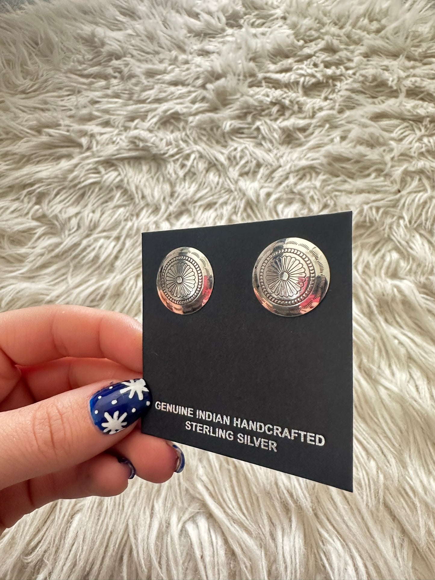 Sterling Silver Concho Post Earrings Repoussé and Stamped Navajo Designs 7332