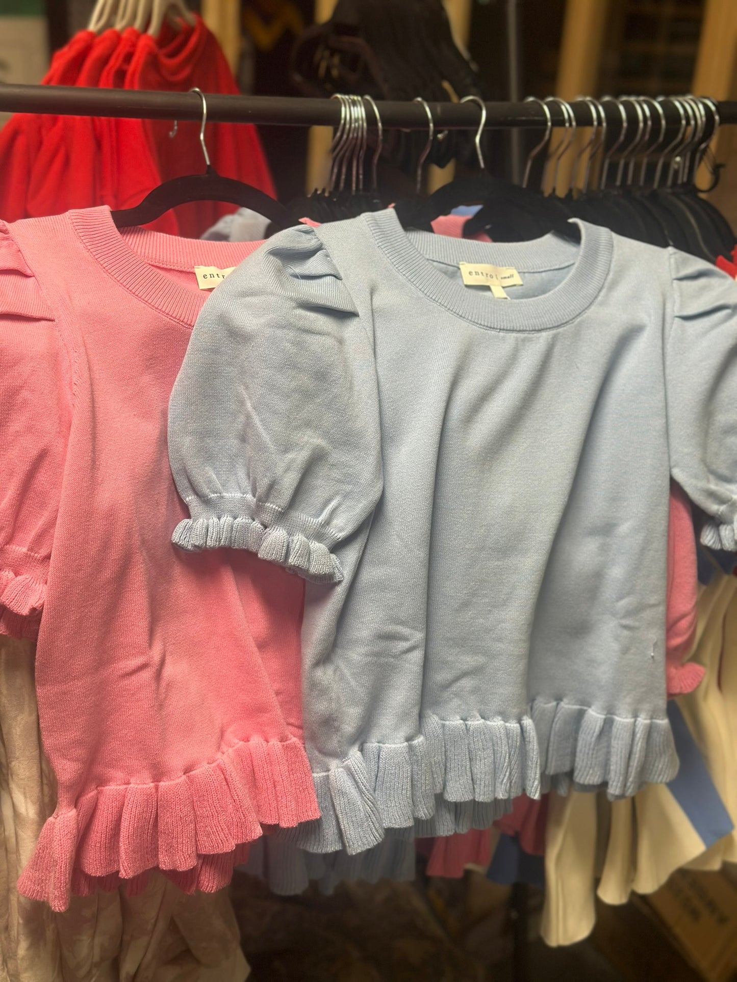 Solid short puff sleeve sweater knit top