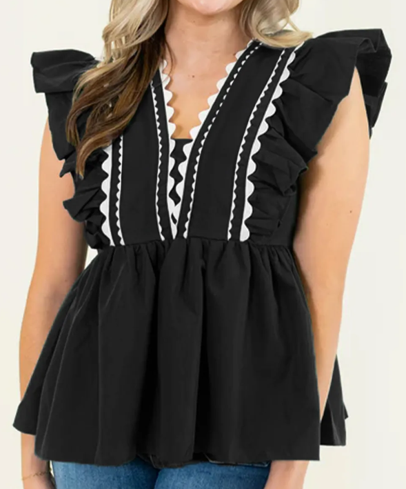 Black Contrast Ricrac Trim Ruffled V Neck Peplum Top