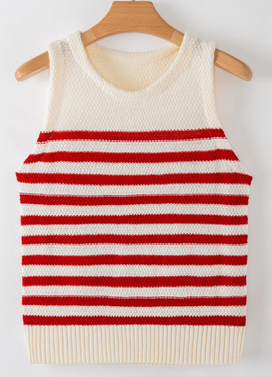 Red Stripe Textured Knit Ribbed Hem Sweater Tank Top