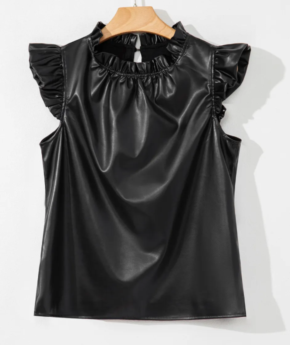 Black PU Leather Frilly Ruffle Trim Blouse