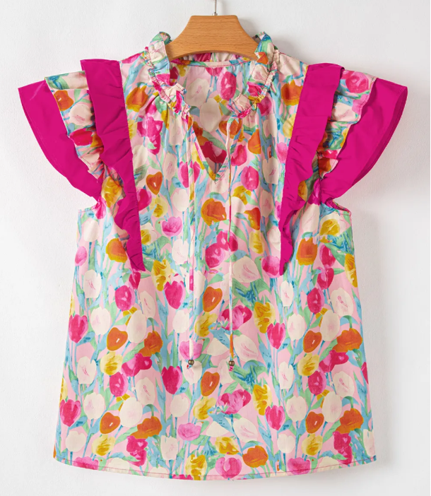 Pink Floral Layered Ruffle Flutter Sleeve Tie V Neck Blouse