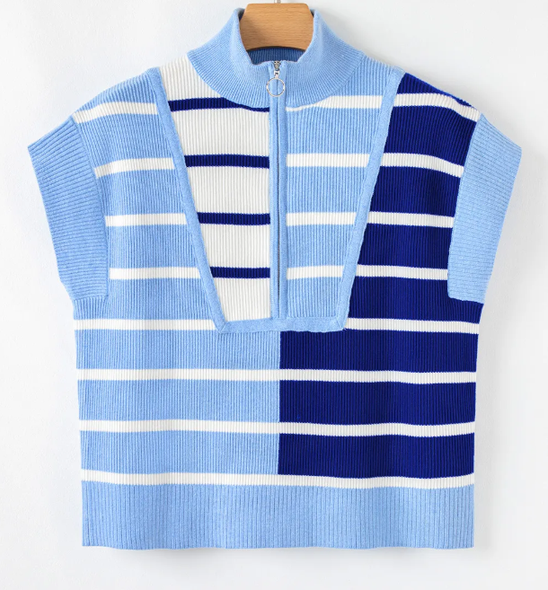 Sky Blue Stripe Colorblock Quarter Zip Collar Sweater Vest