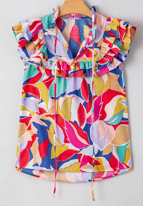 Pink Abstract Printed Ruffled Flutter Sleeve Tied Split V Neck Blouse