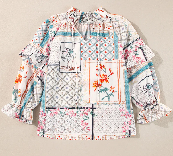 Multicolour Boho Floral Patched Ruffled Sleeve Tied Neck Blouse