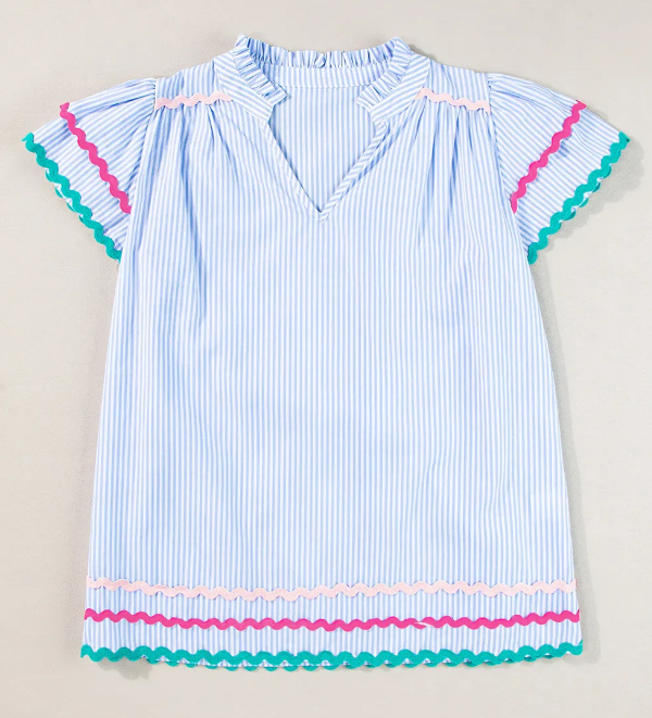 Sky Blue Stripe Ricrac Trim Split Neck Striped Ruffled Sleeve Blouse