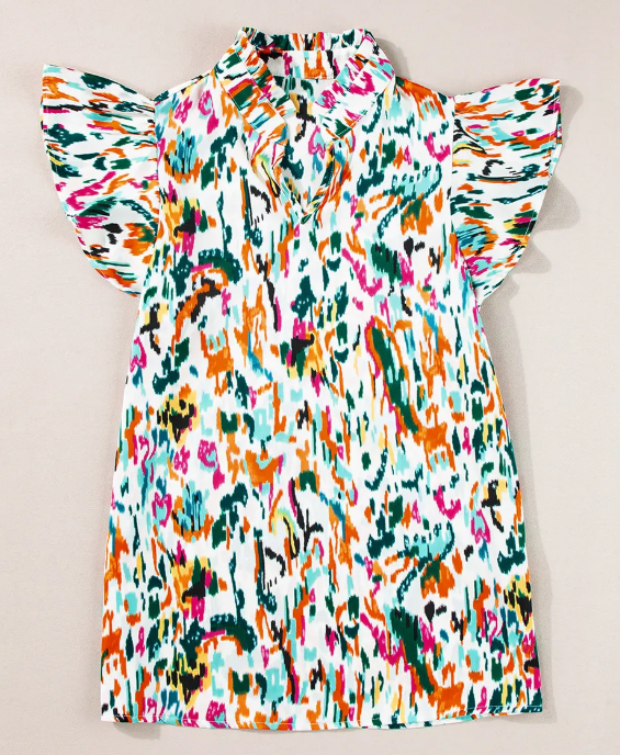 Green Abstract Print Split Neck Ruffle Sleeve Blouse
