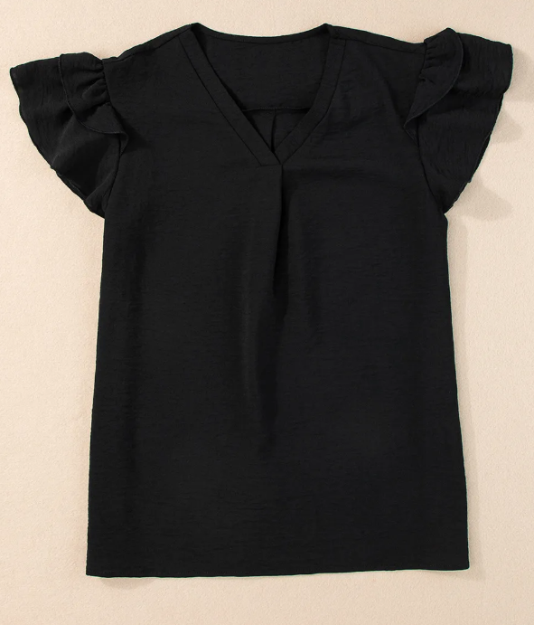 Black V Neck Ruffle Short Sleeve Blouse