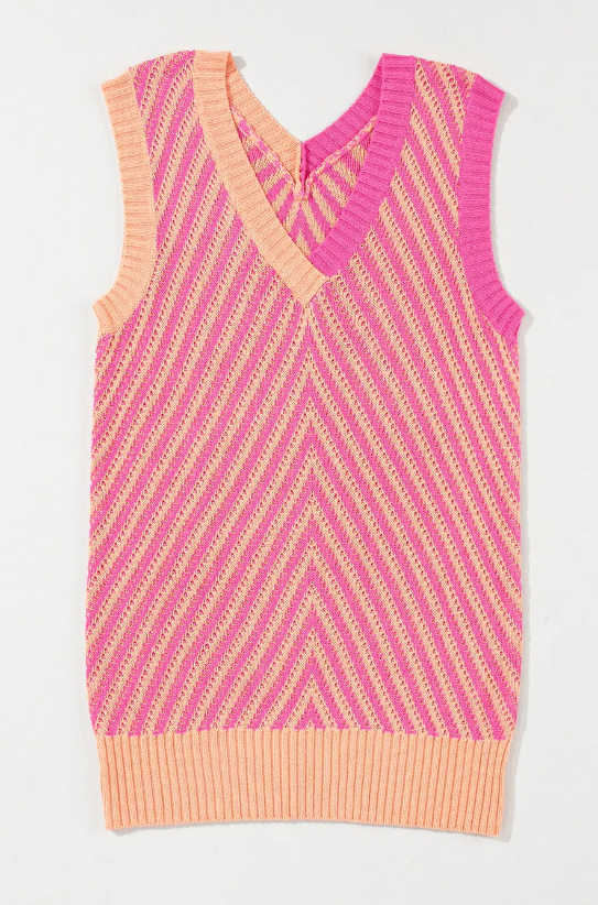 Strawberry Pink Contrast Chevron Knit V Neck Sweater Vest