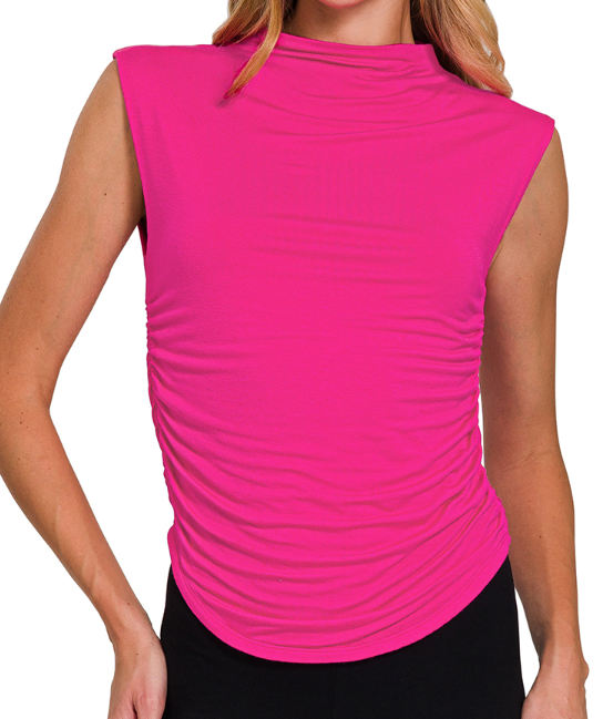 Double layered ruched side mock neck top
