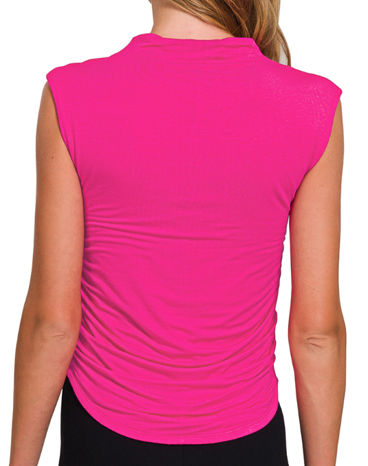 Double layered ruched side mock neck top