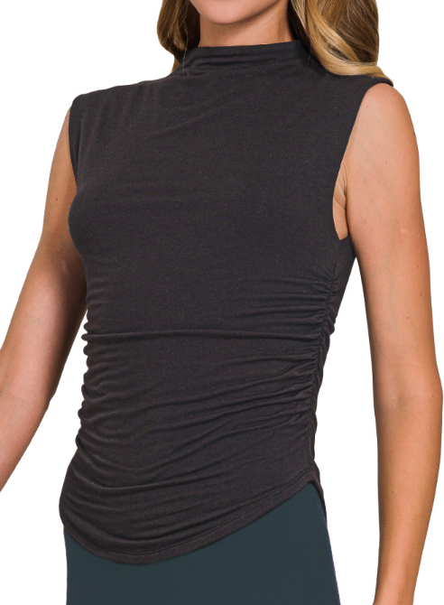 Double layered ruched side mock neck top