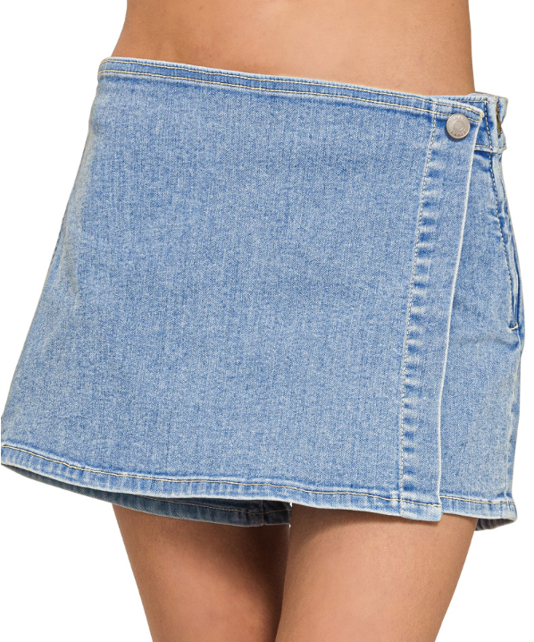 Wrap front denim skort