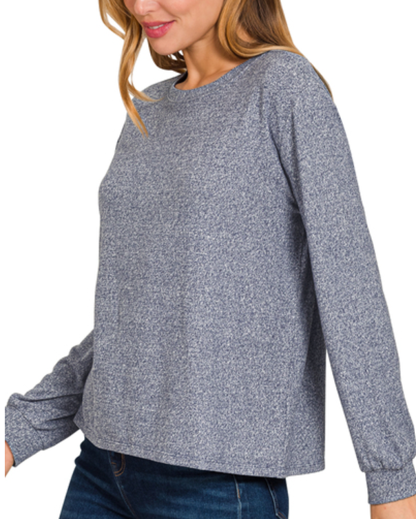 Soft melange hacci round neck long slv tee