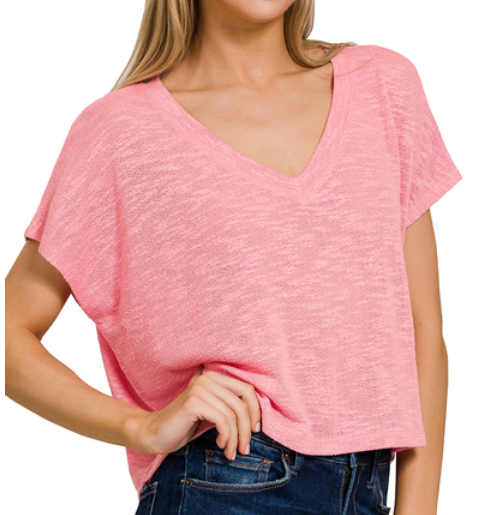 Hacci slub v-neck drop shoulder crop top