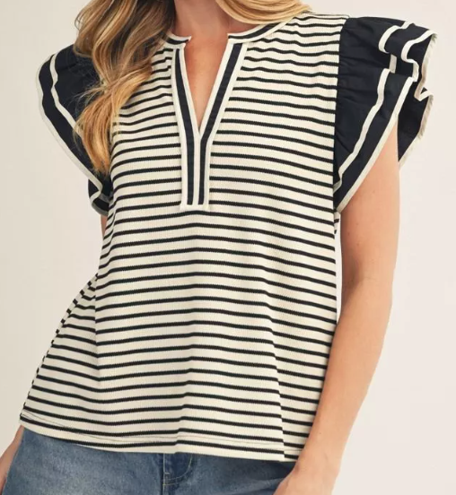 Layered ruffle sleeves thermo stripe top with notched v neck.