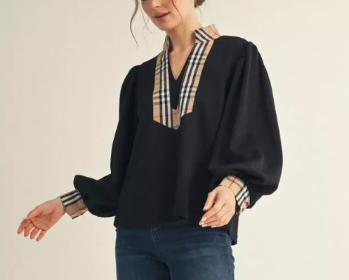 Plaid Long puff sleeves mock neck top
