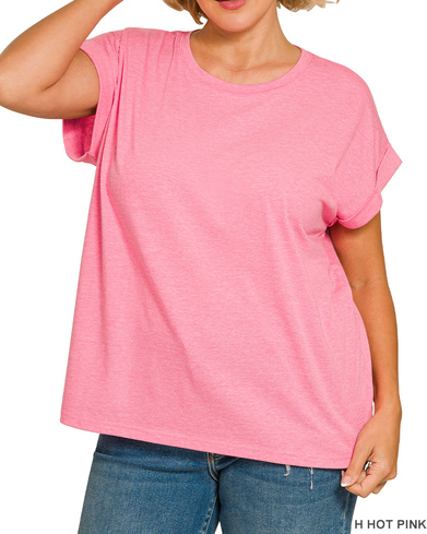 + round neck folded short sleeve t-shirt