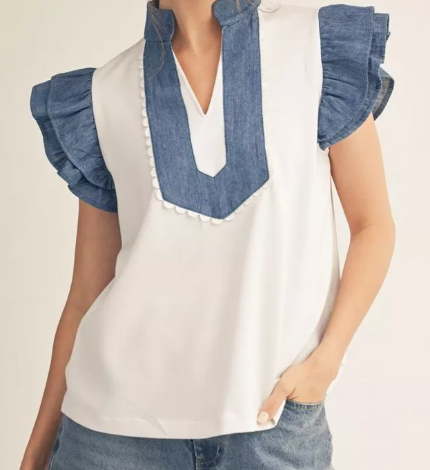 Layered ruffle sleeves solid top with denim contrast