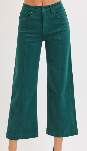 TUMMY CONTROL HIGH RISE CROP WIDE PANTS - HUNTER GREEN