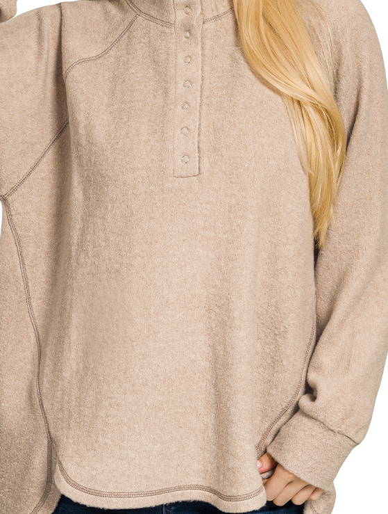Brushed melange hacci oversized 7-button henley placket sweater