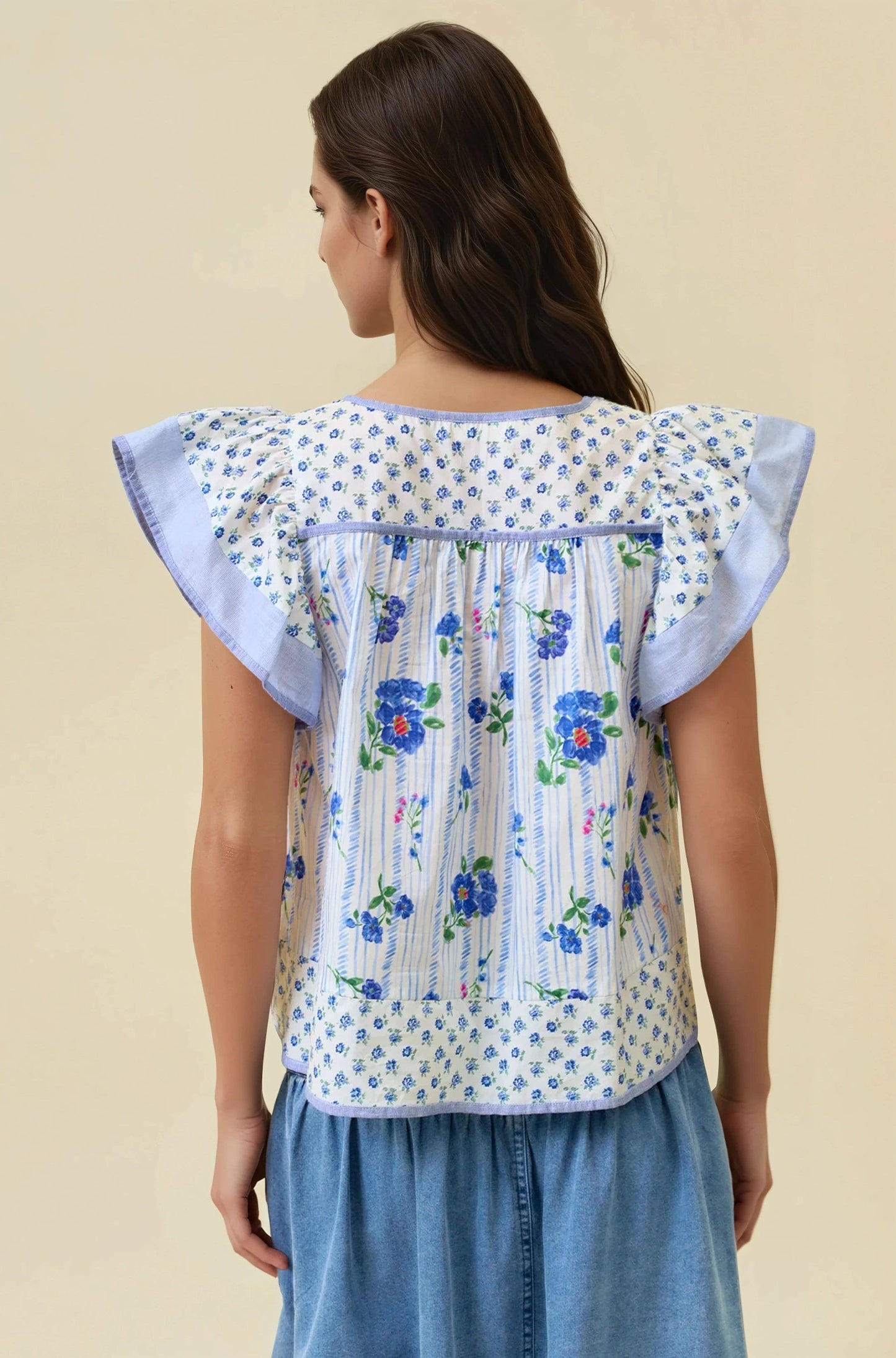 MIXED PRINT FLUTTER SLEEVE TOP - 45538T