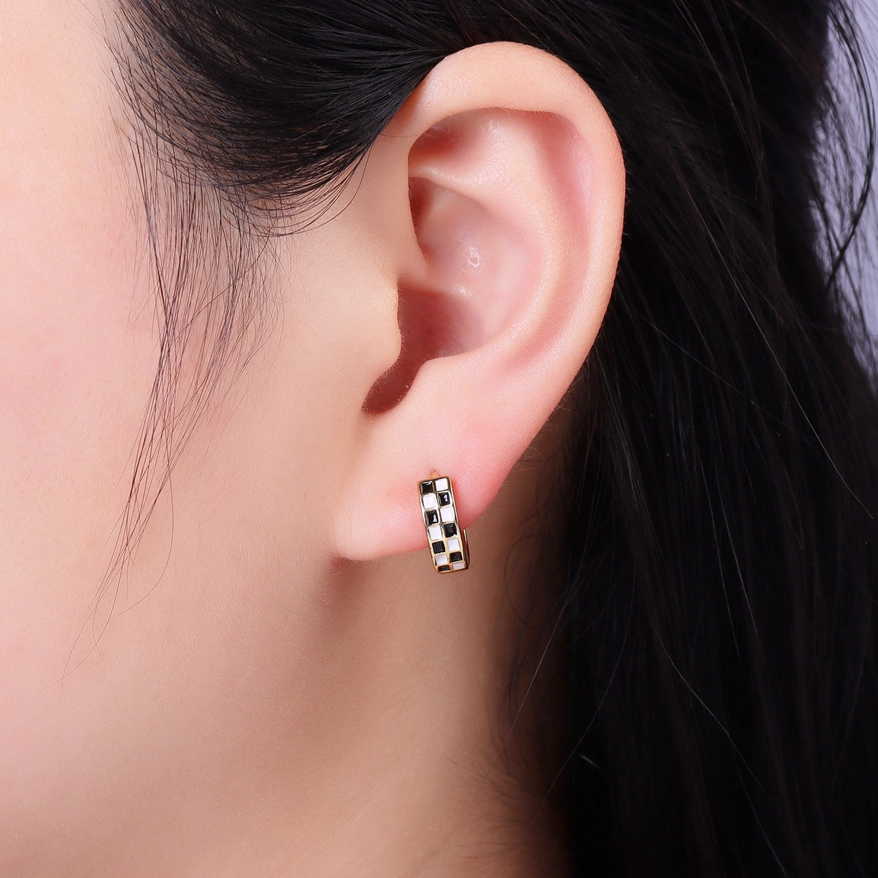 Gold Filled Enamel Checker Hoops Earring Retro Gold Hugg 24K