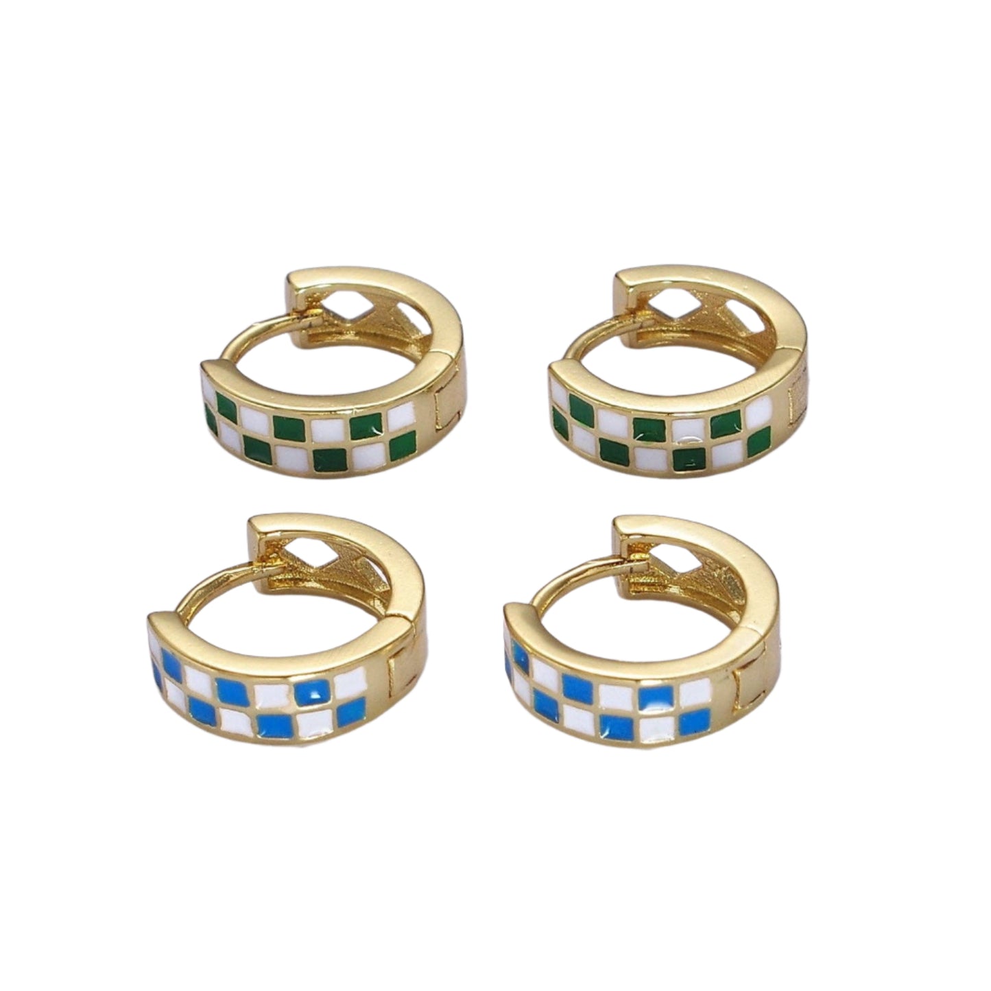Gold Filled Enamel Checker Hoops Earring Retro Gold Hugg 24K