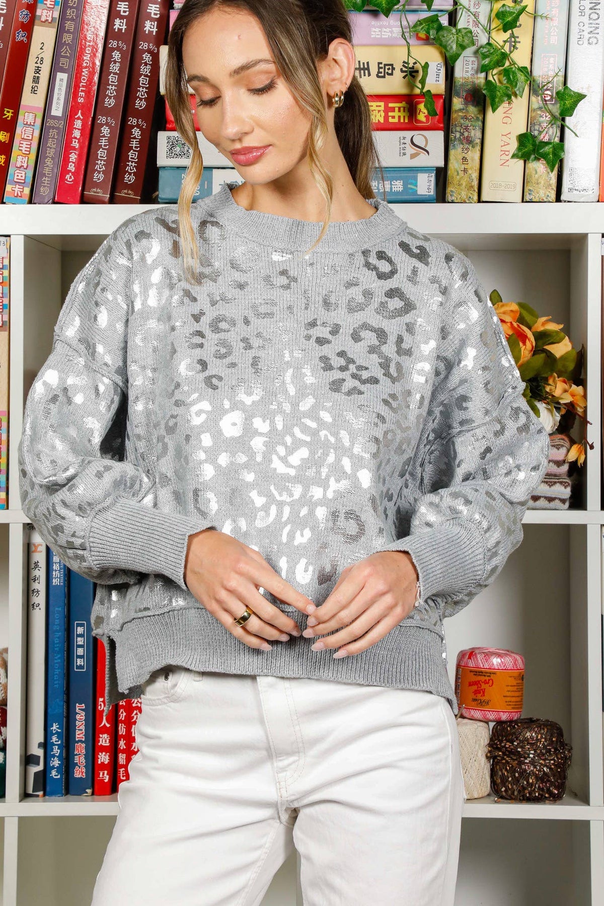 Leopard Foil Print Crew Neck Knitted Sweater Top VT82082