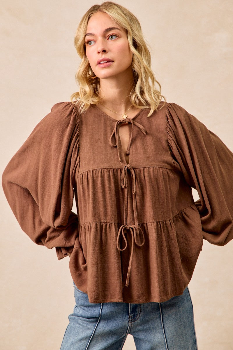 Linen Like Solid Top With Bow Tied Details