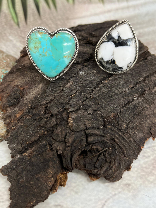 Handmade Sterling Silver White Buffalo, Kingman Turquoise Adjustable Ring, Signed Nizhoni (1)