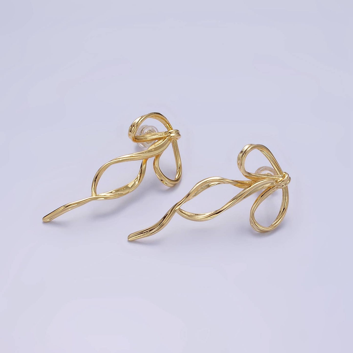 Gold Filled Curved Tied Ribbon Bow Stud Earrings