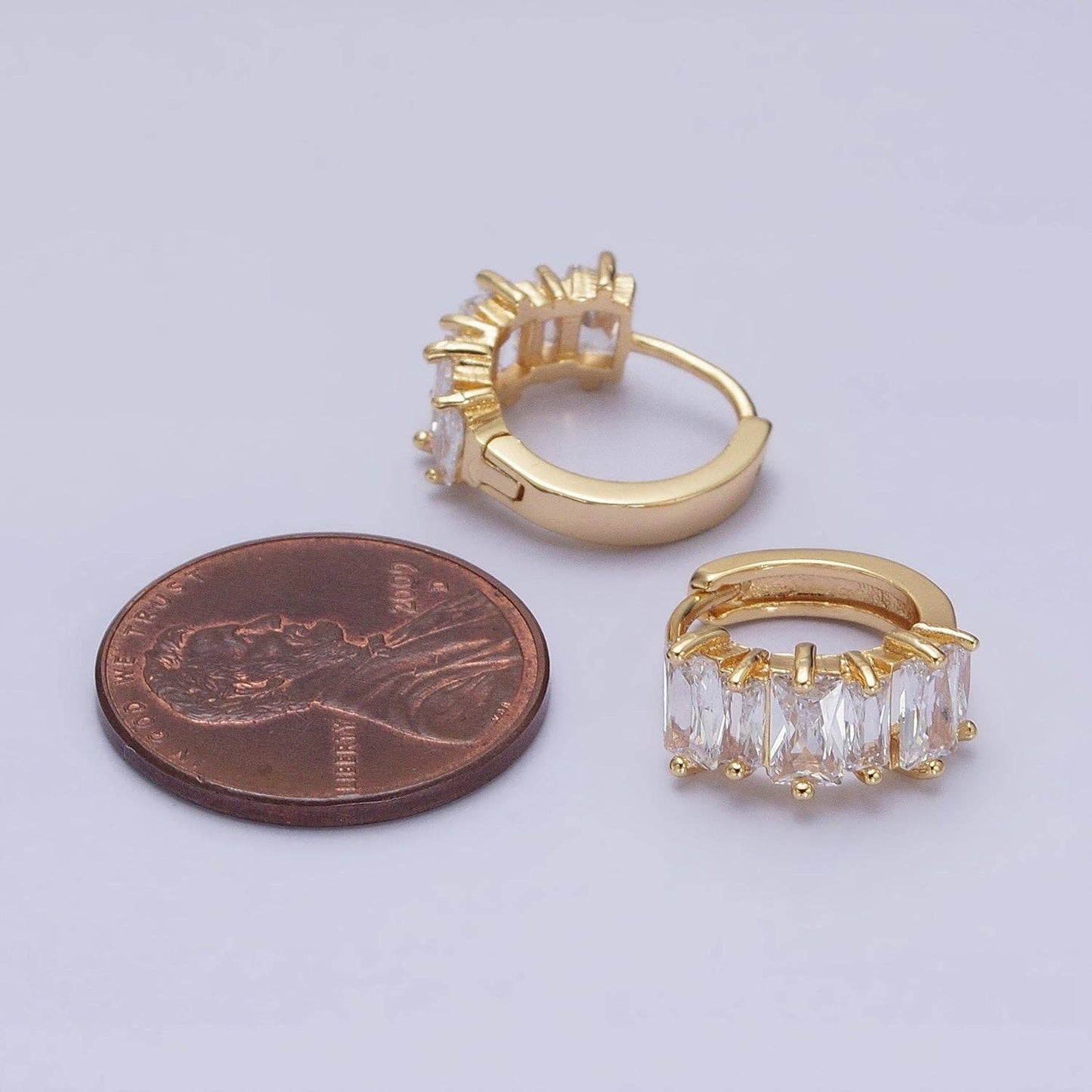 Gold Filled Clear Baguette Lined 13mm Huggie Earrings