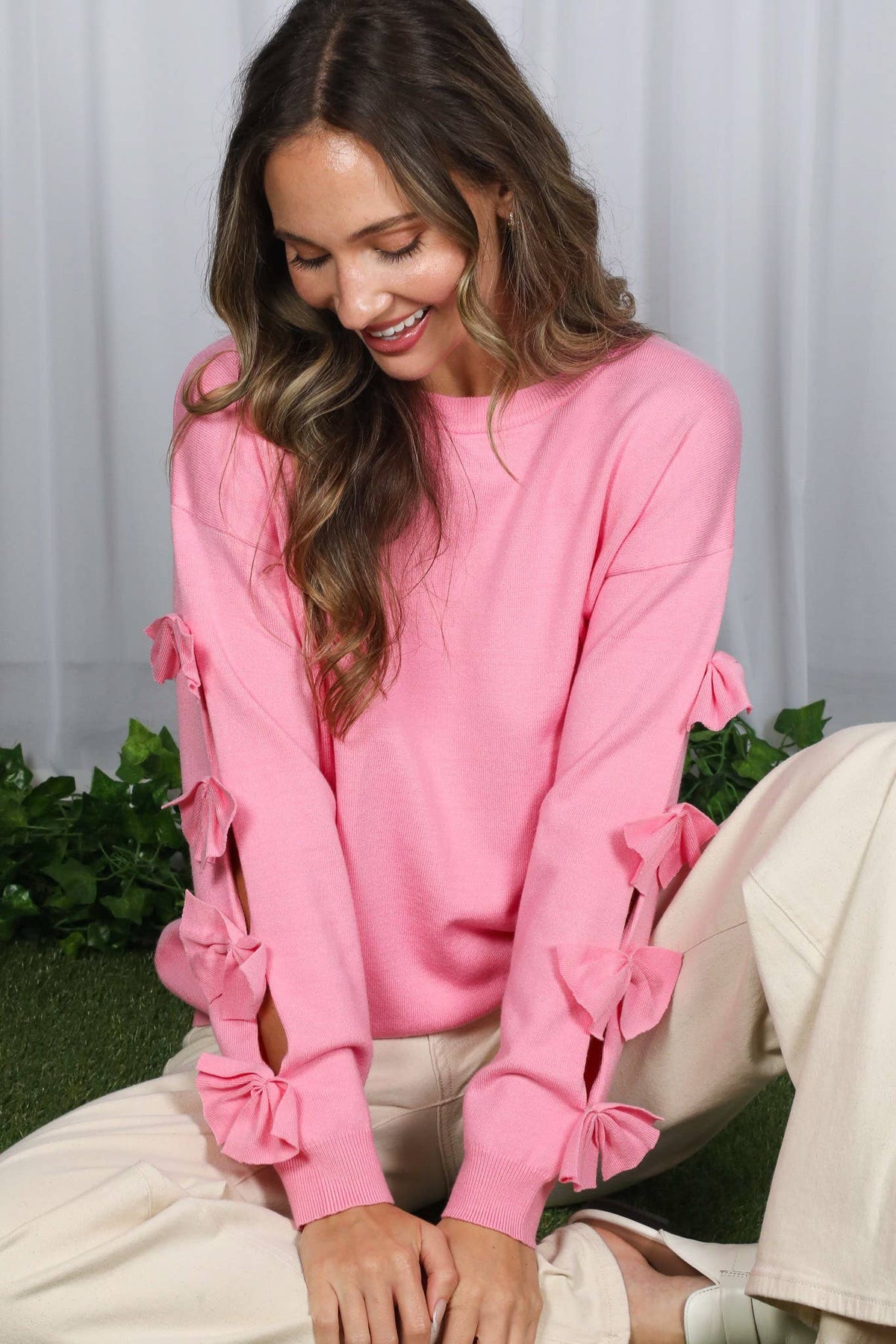 Bow Embellished Crew Neck Long-Sleeve Knit Sweater VT82605