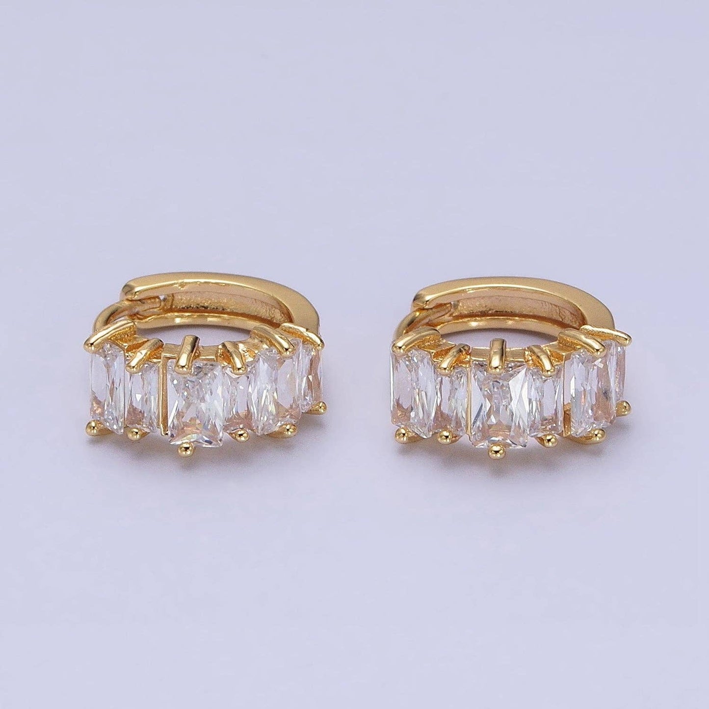 Gold Filled Clear Baguette Lined 13mm Huggie Earrings