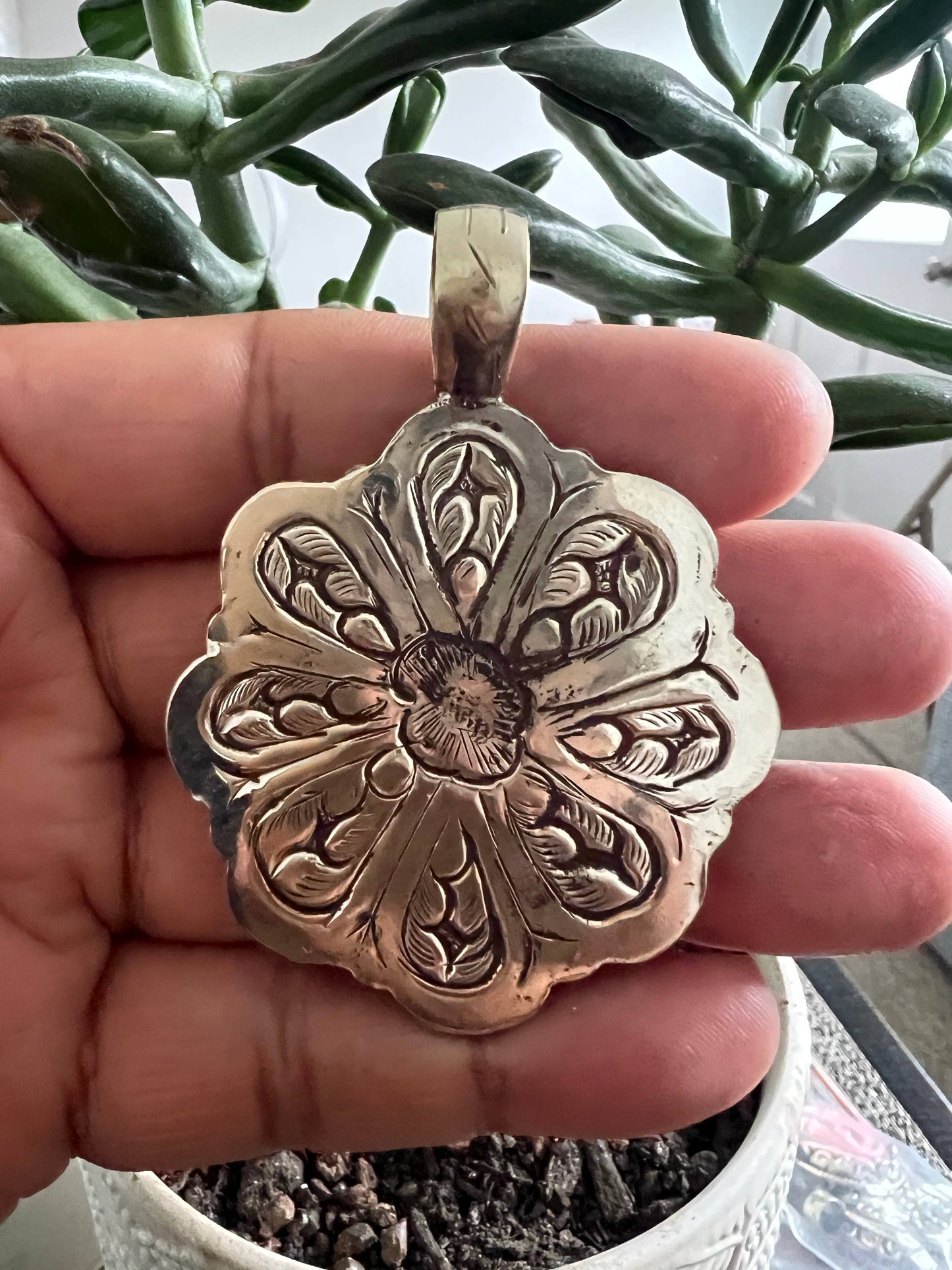 Natural Turquoise floral carved pendant, Handcrafted