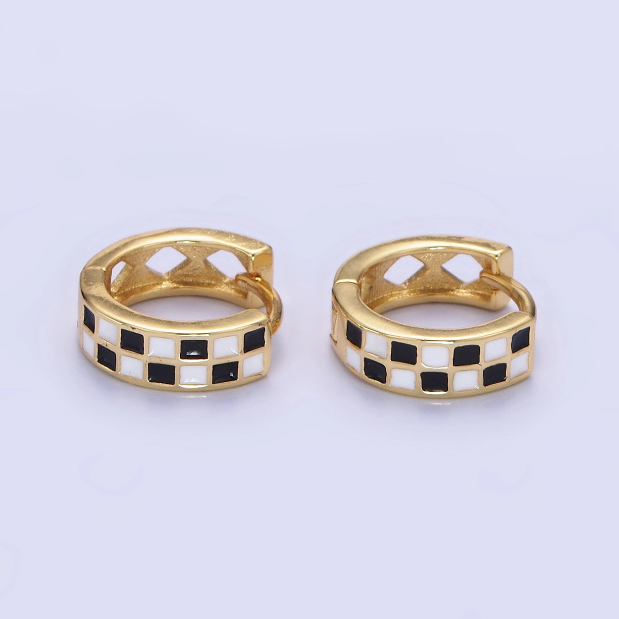 Gold Filled Enamel Checker Hoops Earring Retro Gold Hugg 24K
