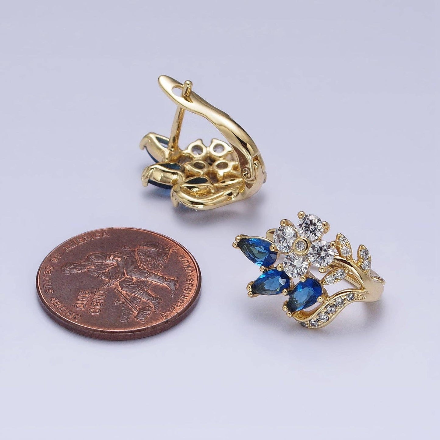 Gold Filled Flower Blue Teardrop CZ 13mm Huggie Earrings