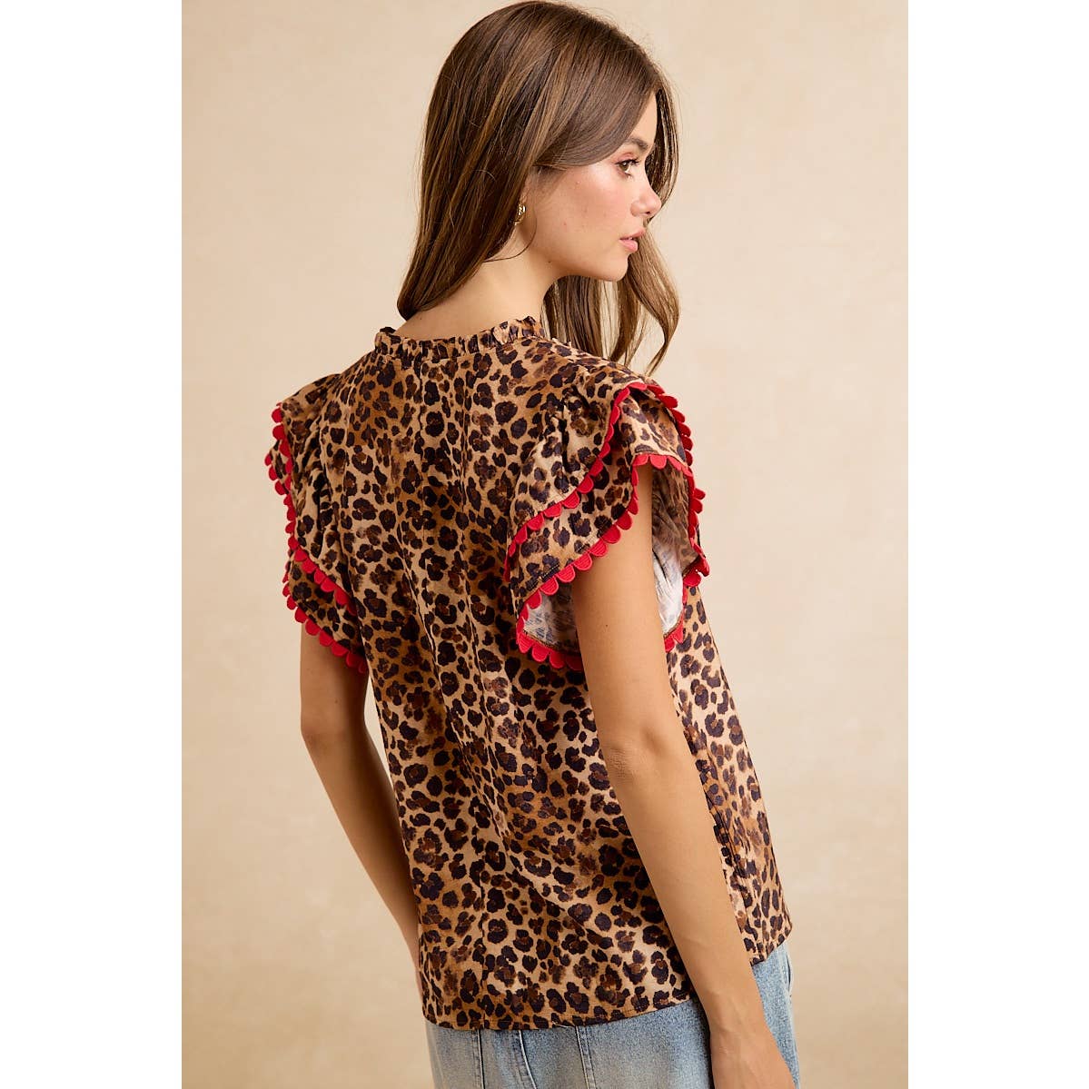 LEOPARD PRINTED WOVEN RIC RAC TRIM V NECK TOP