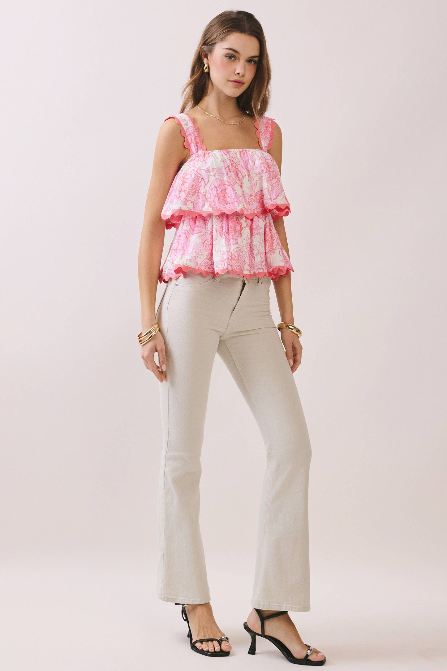 Floral Scalloped Trim Tiered Ruffle Strap Top